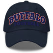 Navy dad hat with embroidered Buffalo football varsity block letters in red white and blue, Buffalo team inspired hat.