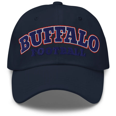 Navy dad hat with embroidered Buffalo football varsity block letters in red white and blue, Buffalo team inspired hat.