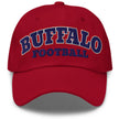 Red dad hat featuring Buffalo football varsity block lettering in red white and blue team colors, bold Buffalo fan cap design.