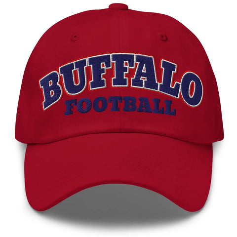 Red dad hat featuring Buffalo football varsity block lettering in red white and blue team colors, bold Buffalo fan cap design.