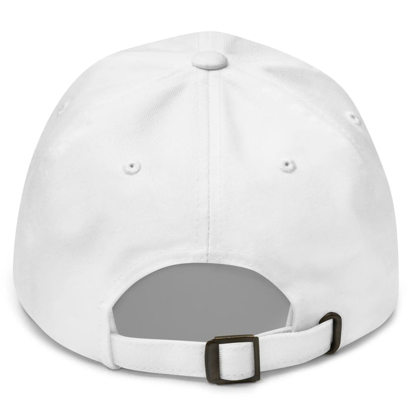 White dad hat back view showing adjustable strap and clean Buffalo football varsity block lettering cap design.