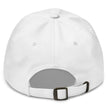 White dad hat back view showing adjustable strap and clean Buffalo football varsity block lettering cap design.
