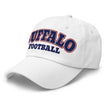 White dad hat left front angle featuring Buffalo football varsity block lettering in red white and blue team colors.