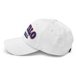 White dad hat left side view featuring embroidered Buffalo football varsity block lettering in red white and blue colors.