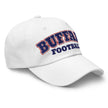 White dad hat right front angle showing embroidered Buffalo football varsity block lettering sports cap design.