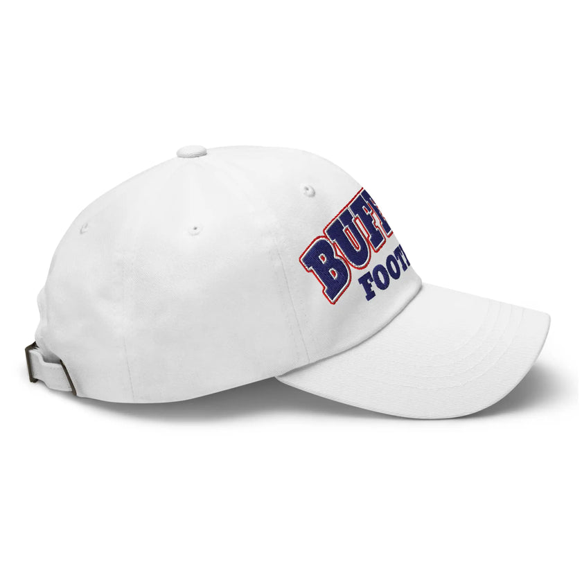 White dad hat right side view showing Buffalo football varsity block lettering embroidery on classic cap.