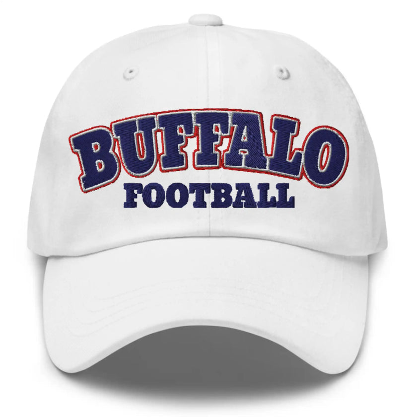 White classic dad hat featuring Buffalo football varsity block lettering in red white and blue team colors, clean sports cap design.