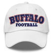 White classic dad hat featuring Buffalo football varsity block lettering in red white and blue team colors, clean sports cap design.