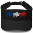 Black Buffalo golf visor showcasing three colorful embroidered buffalo silhouettes in red white and blue, bold sports headwear for golf and outdoor activities.