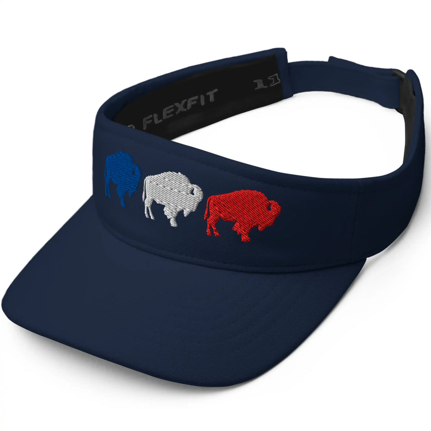 Angled view of navy Buffalo football golf visor highlighting the three detailed embroidered buffalo silhouettes in vibrant red white and blue colors.