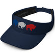 Angled view of navy Buffalo football golf visor highlighting the three detailed embroidered buffalo silhouettes in vibrant red white and blue colors.