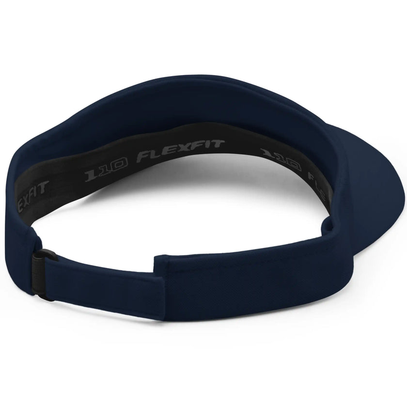 Back view of navy Buffalo golf visor showing the adjustable strap and structured athletic design of this embroidered fan accessory.