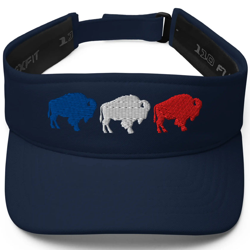 Navy Buffalo football golf visor with three embroidered buffalo silhouettes in red white and blue, stylish fan-inspired golf apparel with a classic look.