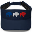Navy Buffalo football golf visor with three embroidered buffalo silhouettes in red white and blue, stylish fan-inspired golf apparel with a classic look.