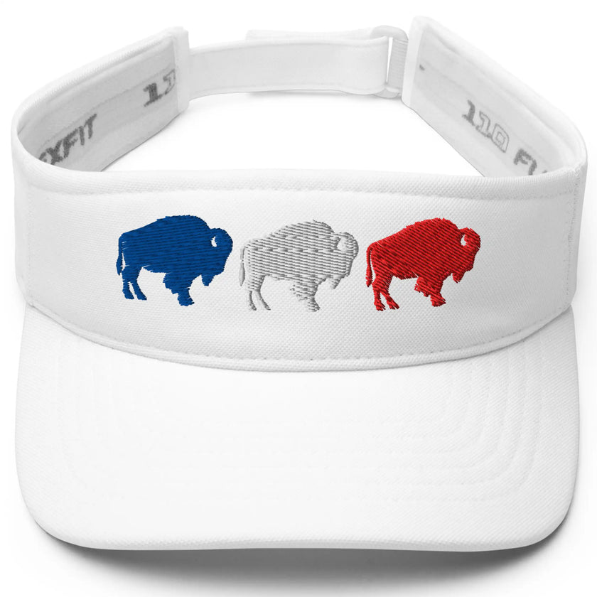 White Buffalo football golf visor featuring three embroidered buffalo silhouettes in red white and blue, a clean athletic accessory with classic fan style.