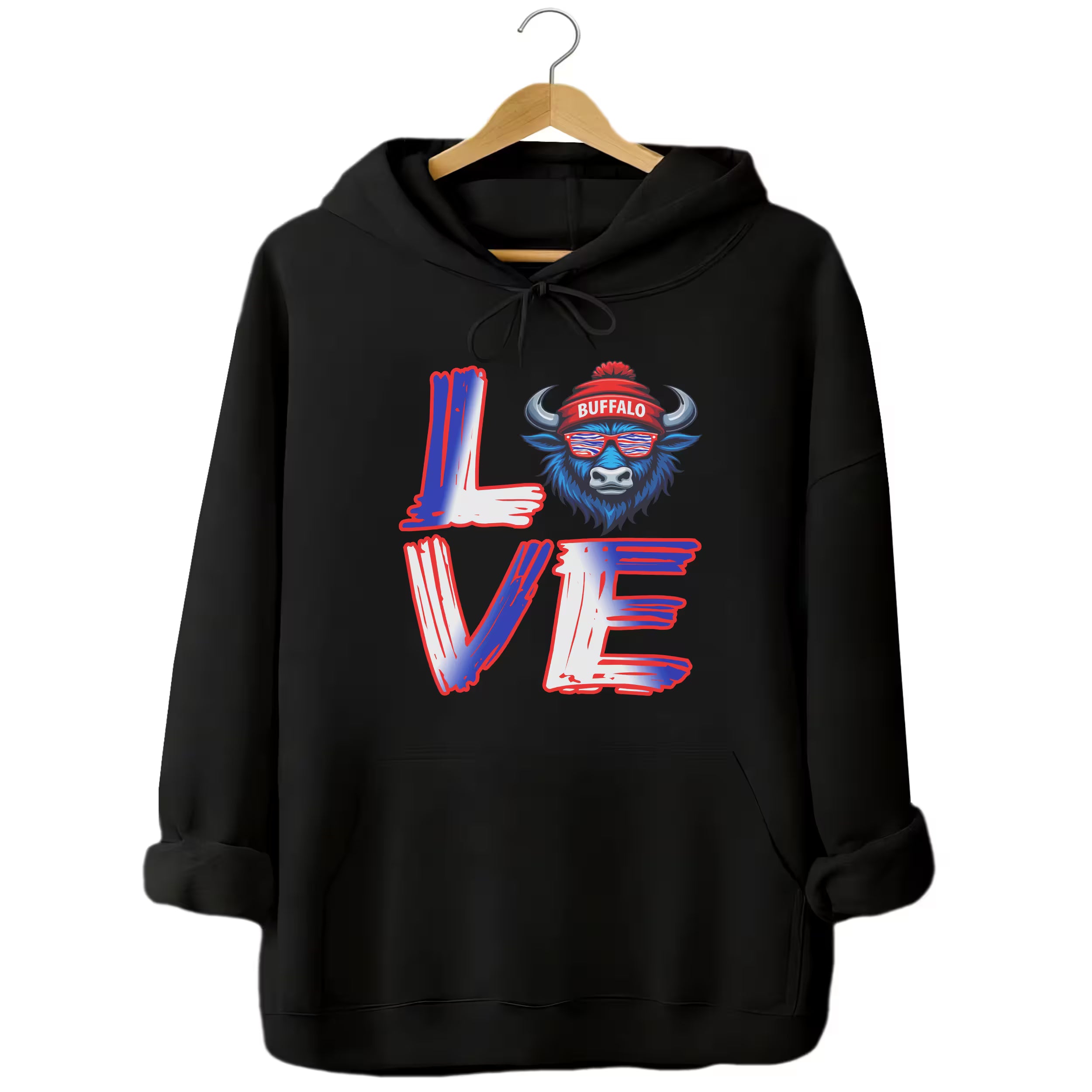 Black LOVE Buffalo hoodie flat lay showcasing bold red, white, and blue graphic with buffalo head “O”