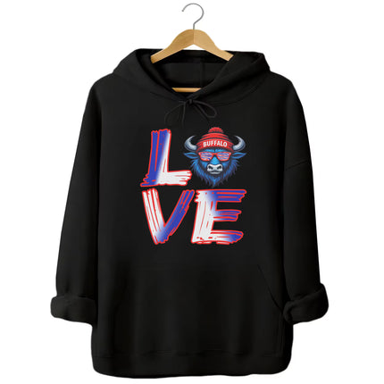 Black LOVE Buffalo hoodie flat lay showcasing bold red, white, and blue graphic with buffalo head “O”