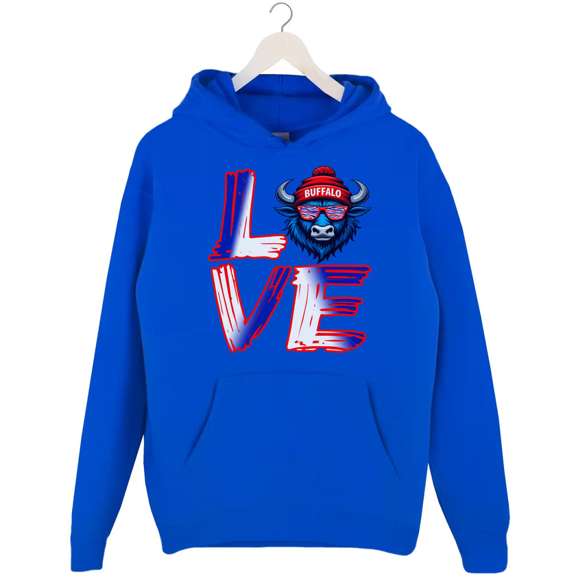 Royal blue LOVE Buffalo hoodie flat lay highlighting red, white, and blue lettering and buffalo head design