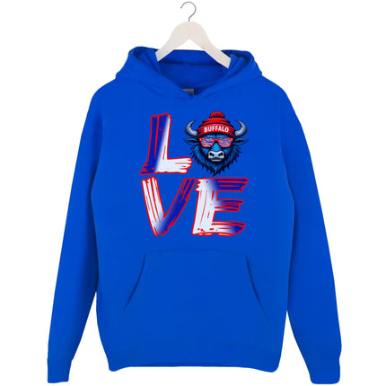 Royal blue LOVE Buffalo hoodie flat lay highlighting red, white, and blue lettering and buffalo head design