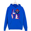 Royal blue LOVE Buffalo hoodie flat lay highlighting red, white, and blue lettering and buffalo head design