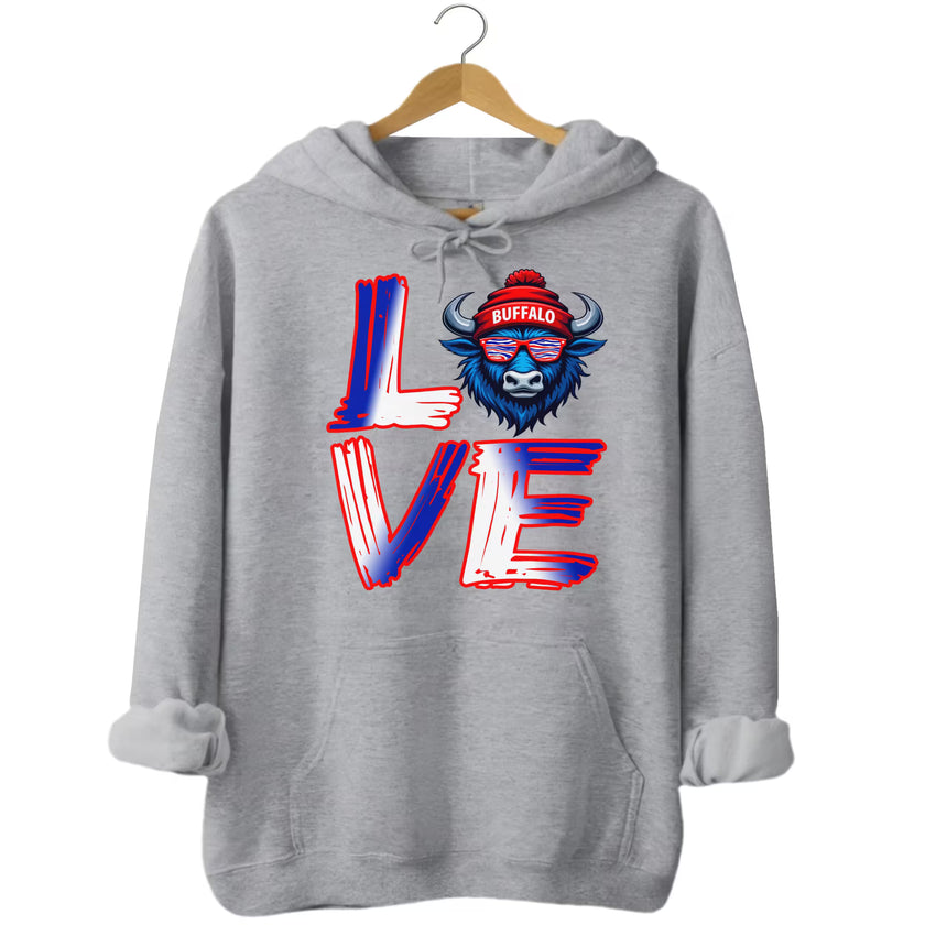 Gray LOVE Buffalo hoodie flat lay with streetwear-style LOVE graphic and buffalo head detail