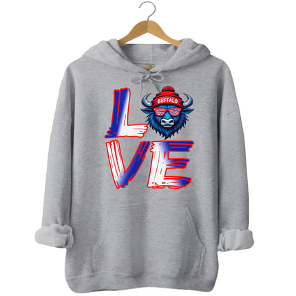 Gray LOVE Buffalo hoodie flat lay with streetwear-style LOVE graphic and buffalo head detail