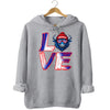 Gray LOVE Buffalo hoodie flat lay with streetwear-style LOVE graphic and buffalo head detail