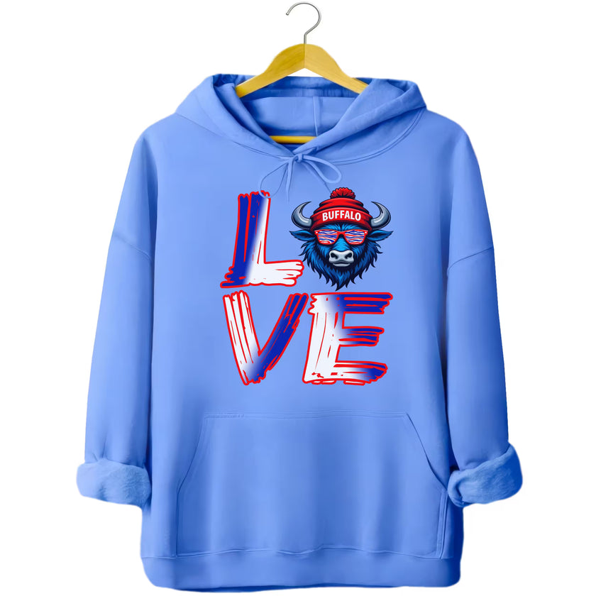 Light blue LOVE Buffalo hoodie flat lay featuring vibrant red, white, and blue letters and buffalo graphic