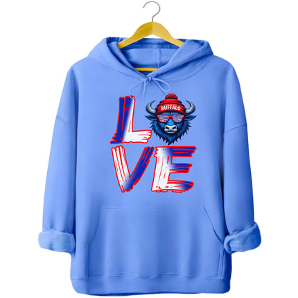 Light blue LOVE Buffalo hoodie flat lay featuring vibrant red, white, and blue letters and buffalo graphic