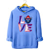 Light blue LOVE Buffalo hoodie flat lay featuring vibrant red, white, and blue letters and buffalo graphic