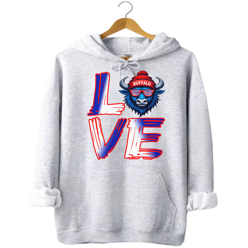 Light gray LOVE Buffalo hoodie flat lay showing bold streetwear graphic with buffalo head “O”