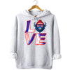 Light gray LOVE Buffalo hoodie flat lay showing bold streetwear graphic with buffalo head “O”