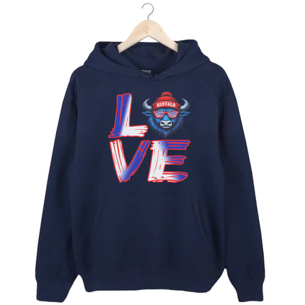Navy LOVE Buffalo hoodie flat lay with red, white, and blue streetwear LOVE design