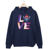 Navy LOVE Buffalo hoodie flat lay with red, white, and blue streetwear LOVE design
