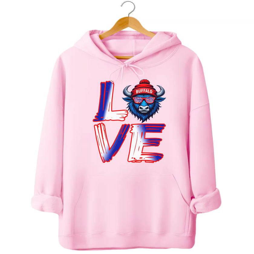 Light pink LOVE Buffalo hoodie flat lay featuring red, white, and blue letters with buffalo head graphic