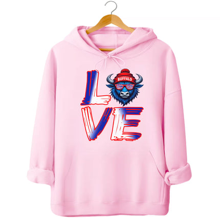Light pink LOVE Buffalo hoodie flat lay featuring red, white, and blue letters with buffalo head graphic