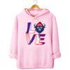 Light pink LOVE Buffalo hoodie flat lay featuring red, white, and blue letters with buffalo head graphic