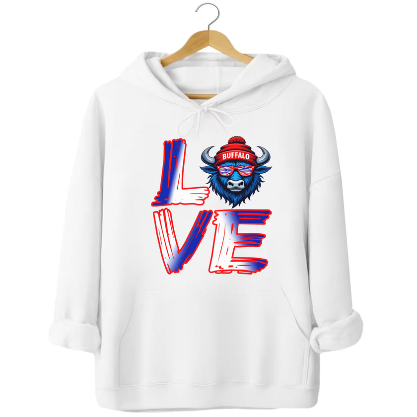 White LOVE Buffalo hoodie flat lay highlighting the buffalo head as the “O” in colorful LOVE letters