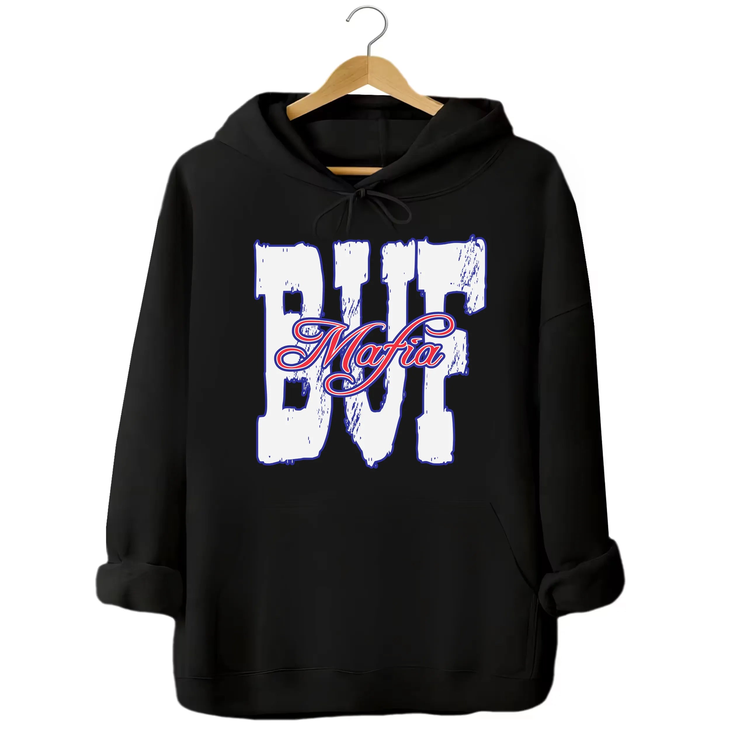 Black Buffalo football streetwear hoodie flat lay highlighting bold white BUF letters and red & blue Mafia design