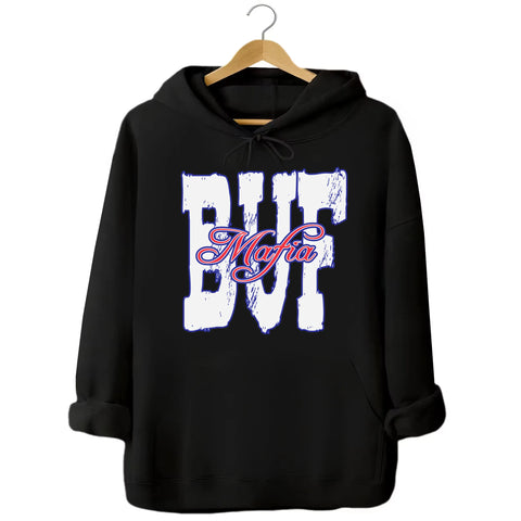 Black Buffalo football streetwear hoodie flat lay highlighting bold white BUF letters and red & blue Mafia design