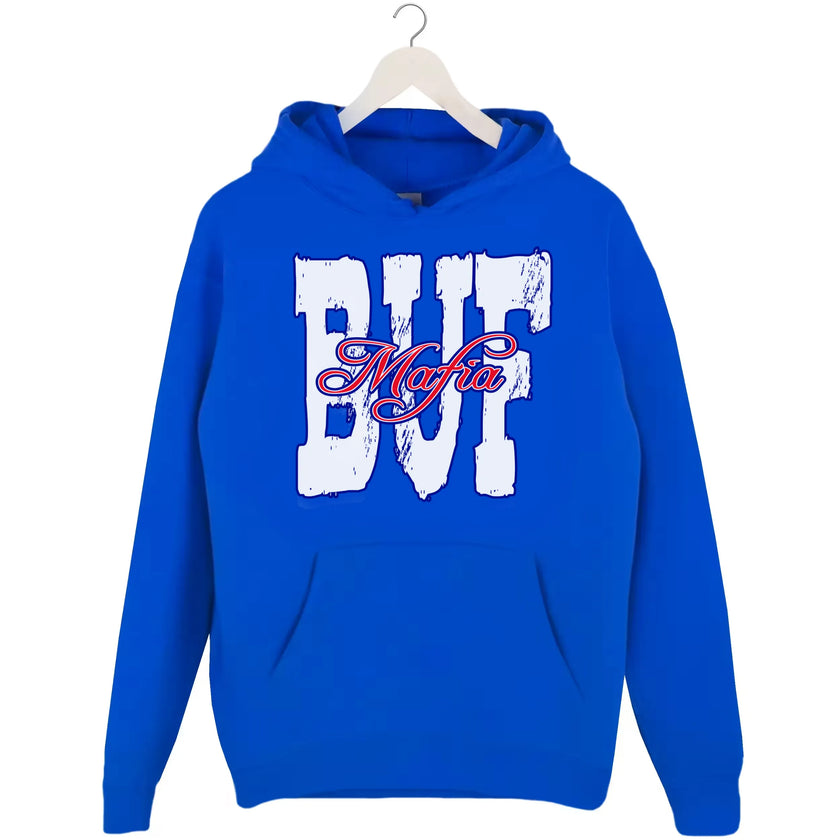 Blue Buffalo football streetwear hoodie flat lay with bold BUF letters and red & blue Mafia design