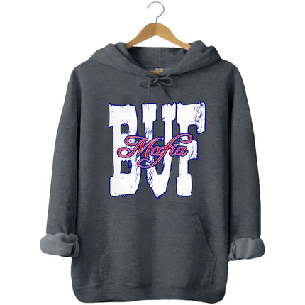 Gray Buffalo football hoodie flat lay with standout BUF letters and urban-style Mafia graphic