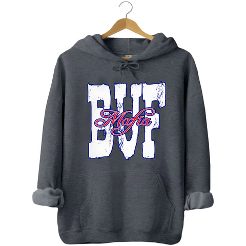 Gray Buffalo football hoodie flat lay with standout BUF letters and urban-style Mafia graphic
