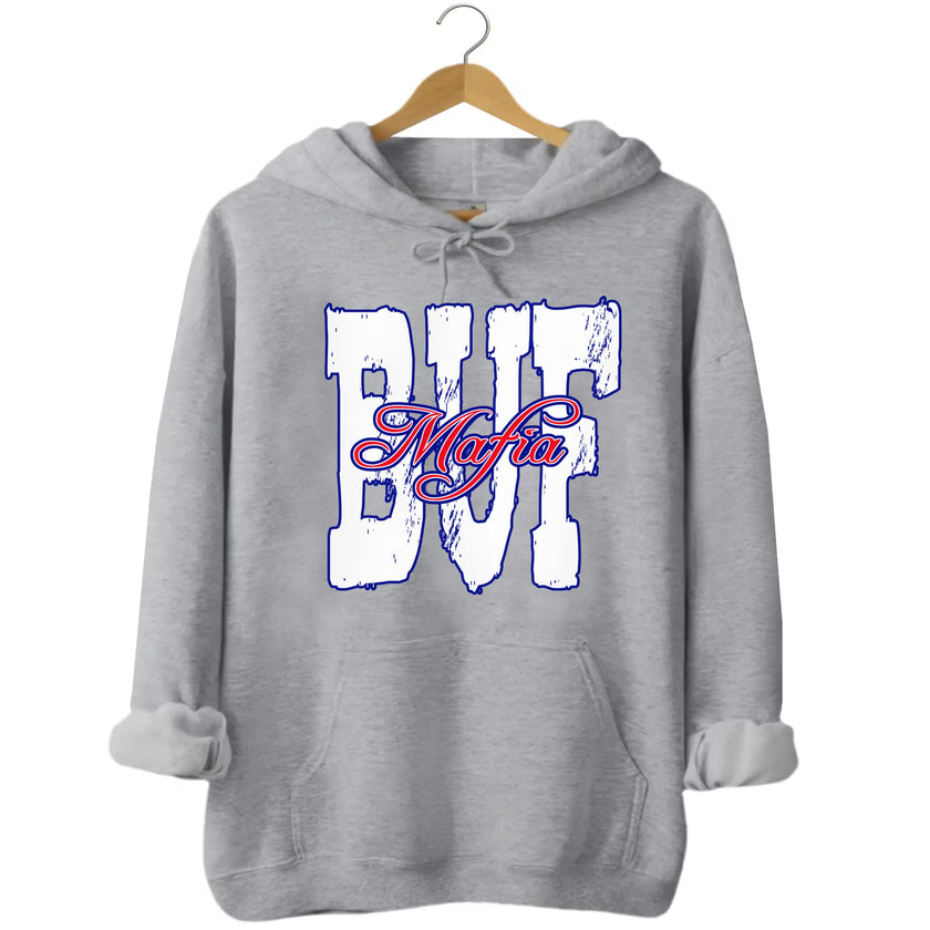 Light gray Buffalo football hoodie flat lay showcasing bold BUF lettering and sporty Mafia overlay