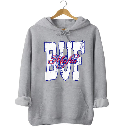 Light gray Buffalo football hoodie flat lay showcasing bold BUF lettering and sporty Mafia overlay