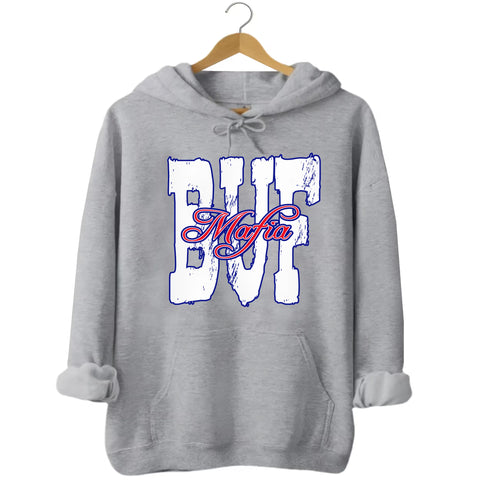 Light gray Buffalo football hoodie flat lay showcasing bold BUF lettering and sporty Mafia overlay