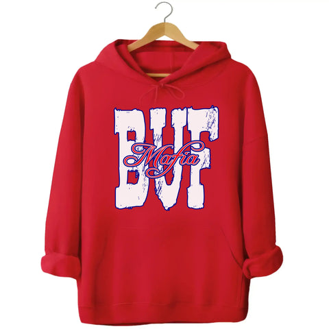 Red Buffalo football streetwear hoodie flat lay featuring large BUF letters with blue & red Mafia detail