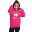 Hot pink Let’s Go Buffalo women’s hoodie with bold white lettering and buffalo football graphic. Stadium-ready fan fashion.
