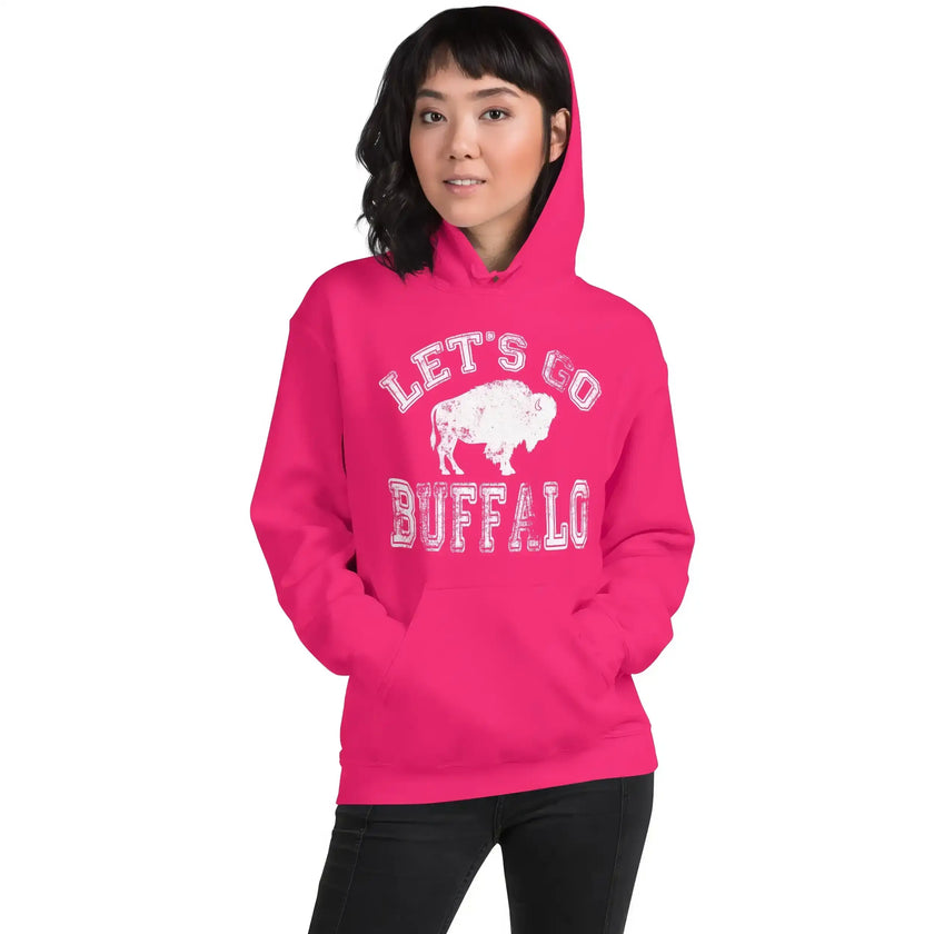 Hot pink Let’s Go Buffalo women’s hoodie with bold white lettering and buffalo graphic. Confident game day style for women.