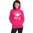 Hot pink Let’s Go Buffalo women’s hoodie with bold white lettering and buffalo graphic. Confident game day style for women.